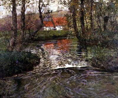 Gebäude am Flussufer von Fritz Thaulow
