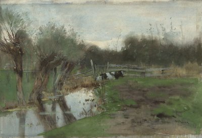 Weide mit liegender Kuh an einem Graben von Geo Poggenbeek