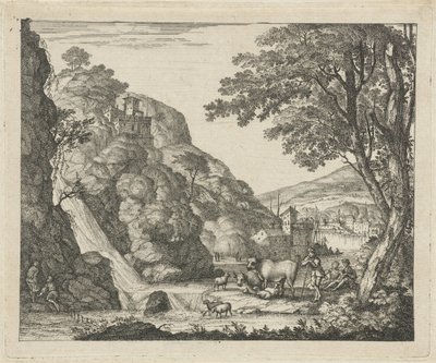 Hirte mit Tieren bei einem Wasserfall von Gerard Melder