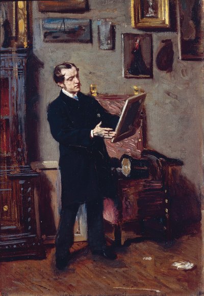 Italien, Florenz, Junger Mann betrachtet Gemälde von Giovanni Boldini
