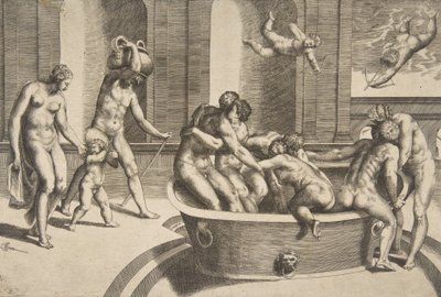 Männer und Frauen beim Baden, einige umarmend, 1531-76 von Giulio Bonasone