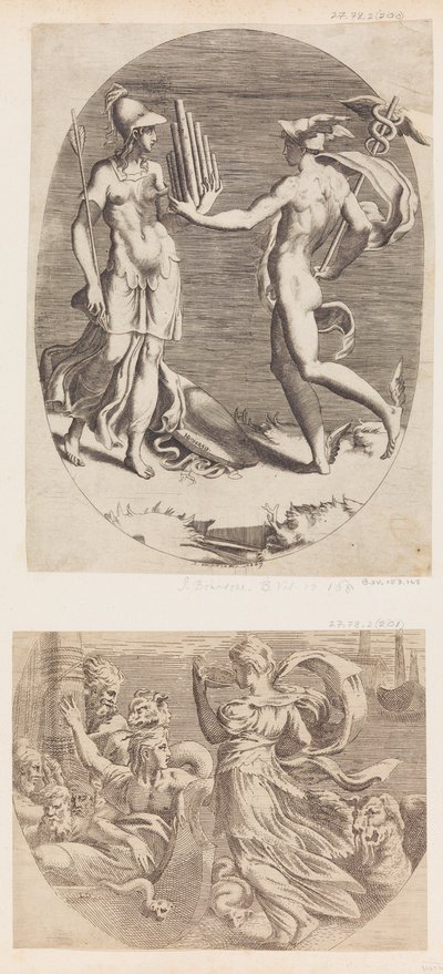 Merkur überreicht Minerva eine Panflöte von Giulio Bonasone