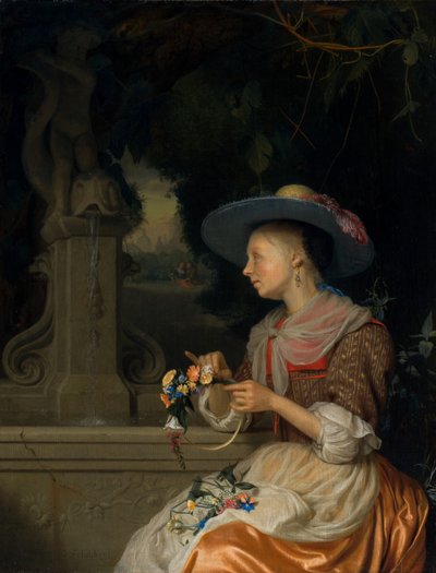 Frau, die eine Blumenkrone flicht von Godefridus Schalcken