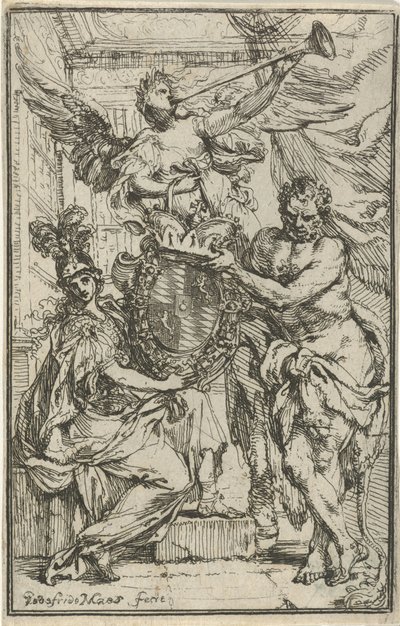 Minerva, Herkules und Ruhm mit Wappenschild von Godfried Maes