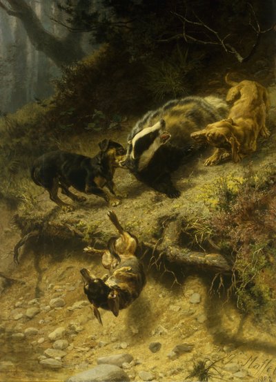 Dachshunde auf einem Dachs, 1882 von Guido von Maffei