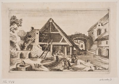 Stadtinterieur mit Scheune und Geburt Jesu von H. Rosenkilde