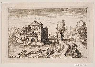 Flusslandschaft mit Schloss auf einem Hügel von H. Rosenkilde