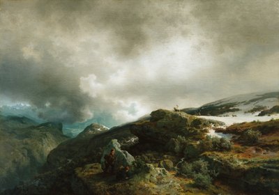 Hochgebirgslandschaft mit Rentierjägern von Hans Gude