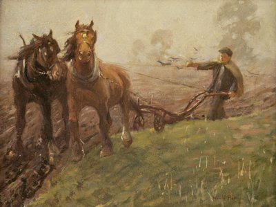 Mann pflügt ein Feld von Harold Harvey