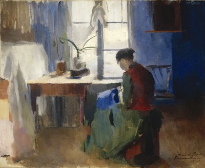 Frau beim Nähen von Harriet Backer