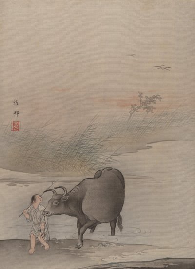 Junge mit Kuh am Flussufer von Hashimoto Gaho