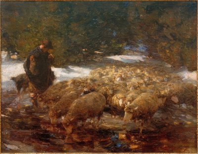 Schäfer mit Schafen in Landschaft von Heinrich von Zügel
