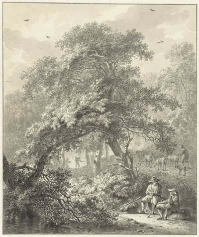 Waldlandschaft mit ruhenden Reisenden unter einem Baum von Hendrik Meijer