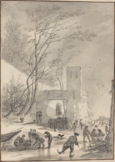 Schlittschuhläufer vor einer Stadtmauer von Hendrik van der Straaten