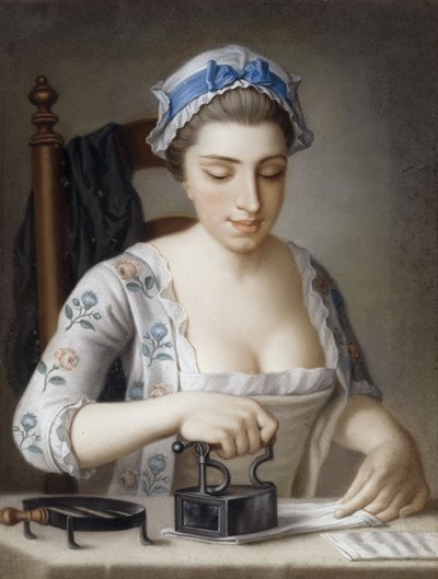 Ein Dienstmädchen bügelt von Henry Robert Morland