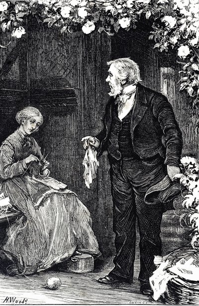 Gravur, die eine Frau beim Stricken darstellt von Henry Woods