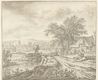 Hügellandschaft mit einem Bauernhof bei einer Brücke von Herman Saftleven