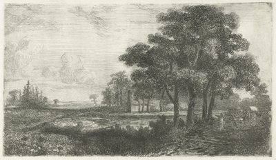 Baumreiche Landschaft mit Planwagen von Hermanus Jan Hendrik van Rijkelijkhuysen