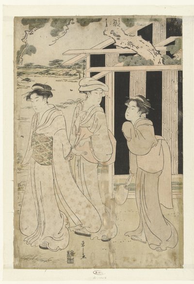 Drei Frauen, die am See spazieren gehen von Hosoda Eishi