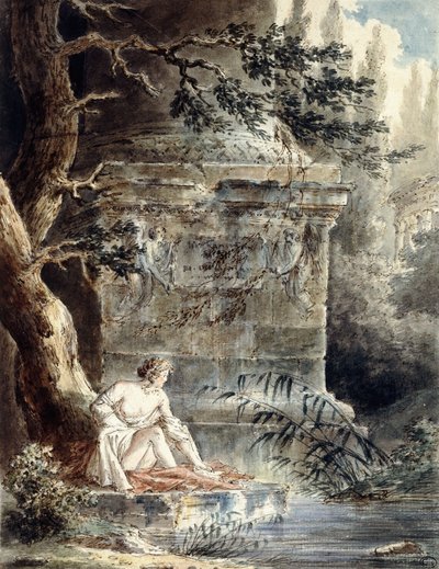 Ein junger Badender nahe einer Säule von Hubert Robert