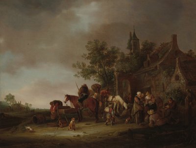 Reisende halten an einem Gasthaus von Isaac van Ostade