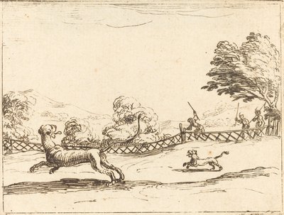 Löwin und Junges von Jägern verfolgt von Jacques Callot