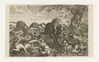 Hundejagd auf ein Wildschwein von Jan Cassiers