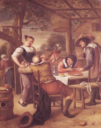 Fröhliche Gesellschaft unter einer Krippe von Jan Havickszoon Steen