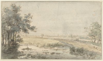 Landschaft mit einem Angler am Wasser von Jan Hulswit