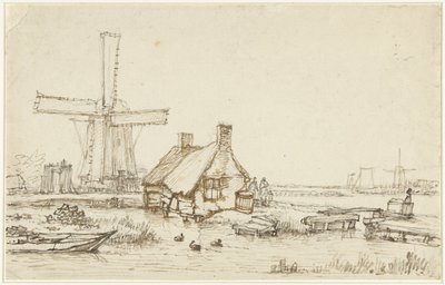 Landschaft mit Häusern und Windmühle von Jan Hulswit