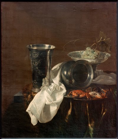 Bankettstilleben mit einem Silberbecher, umgestürztem Krug von Jan Jansz. Treck