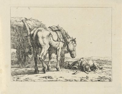 Pferd und Hund bei einem Heuwagen von Jan Kobell (II)