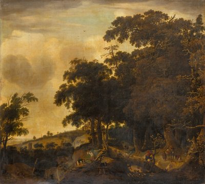 Eine bewaldete Landschaft mit Holzfällern von Jan Looten