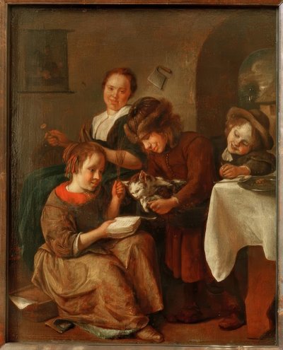 Kinder bringen einer Katze das Lesen bei von Jan Havickszoon Steen