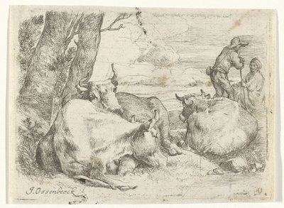 Drei Kühe und zwei Hirten von Jan van Ossenbeeck