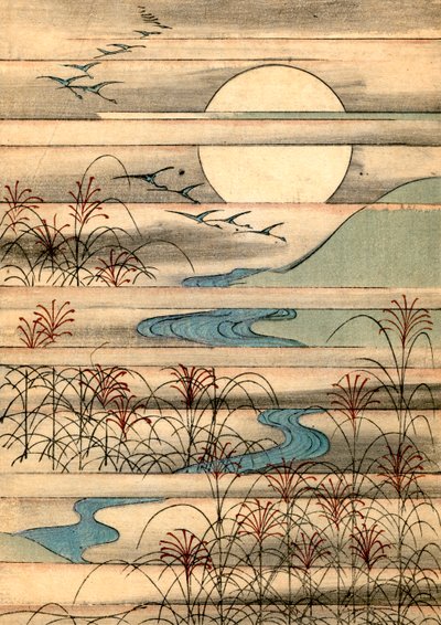 Vollmond über einer Flusslandschaft von Japanese School