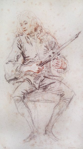 Sitzender Geiger, der sein Instrument stimmt von Jean Antoine Watteau