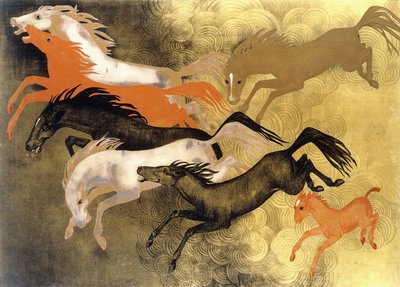 Tanzende Pferde, ca. 1950 (lackiertes Holz) von Jean Dunand