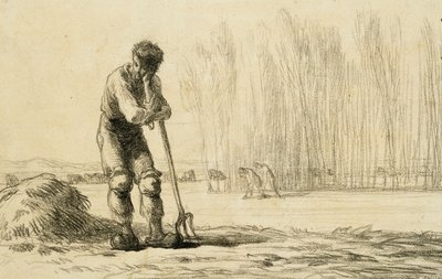 Bauer, der sich auf eine Heugabel stützt von Jean Francois Millet