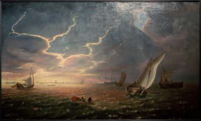 Segelschiffe in rauer See bei Sonnenuntergang von Jeronimus van Diest