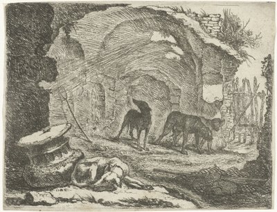 Vier Hunde bei einer Ruine von Joannes Fijt