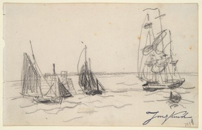 Kleine Segelboote und ein Dreimaster von Johan Barthold Jongkind