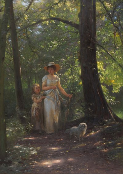 Dame mit Hündchen im Buchenwald von Johann Friedrich Engel