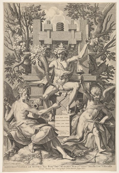 Bacchus, Musik, Amor, 1575-1600 von Johann Sadeler I