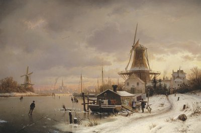 Hausboot auf einem zugefrorenen Fluss von Johannes Bartolomaus Duntze