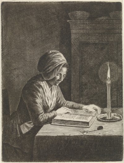 Dunkler Raum mit lesender Frau von Johannes Christiaan Janson