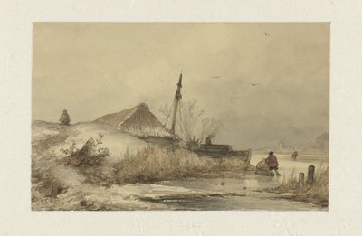 Winterlandschaft mit Bauernhof an einem Graben von Johannes Franciscus Hoppenbrouwers