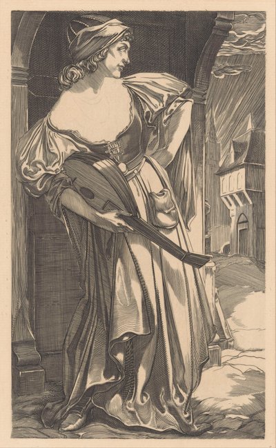 Frau mit Laute auf der Straße von Johannes Josephus Aarts