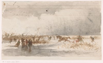 Schlittschuhläufer und Pferdeschlitten auf dem Eis von Johannes Tavenraat