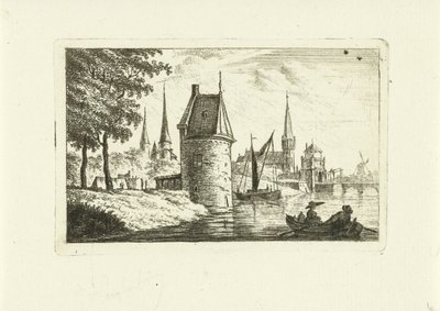 Stadtansicht mit Turm am Fluss von Johannes van Cuylenburgh